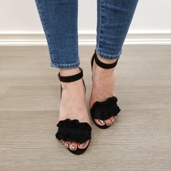 Suede Black Chunky Heel Open Ruffle Toe Sandal-ee - Picture 5 of 8